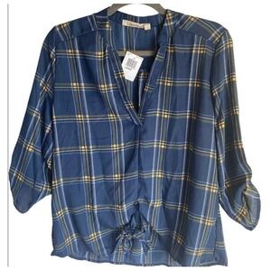 Liberty Love Blue V Split Neck Plaid Long‎ Sleeve Blouse Large